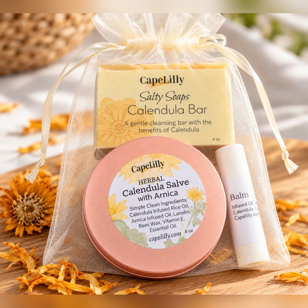 Calendula Gift Bundle in an organza gift bag: Calendula Sea Salt Soap, Calendula Salve and Calendula Lip Balm