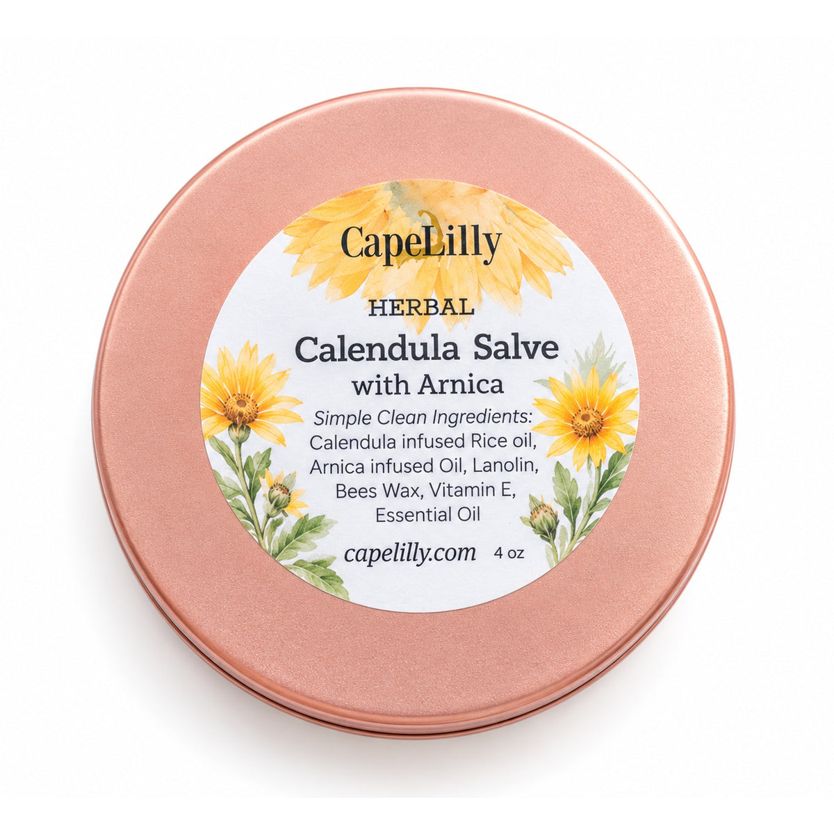 CapeLilly Herbal Calendula Salve with Arnica, 4 oz rose gold tin on white background