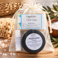 Fan Favorites Holiday Gift Bundle in an organza gift bag: Magnesium Cream, The Works Bar and Calendula Lip Balm