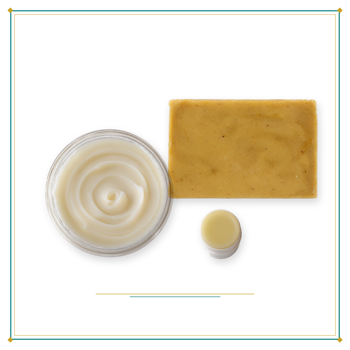 Fan Favorites Holiday Gift Bundle: Magnesium Cream with Shea Butter, The Works Bar sea salt soap and Calendula Lip Balm shown together