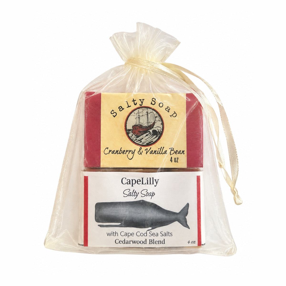 Cape Lilly organza gift bag holding two sea salt soap bars