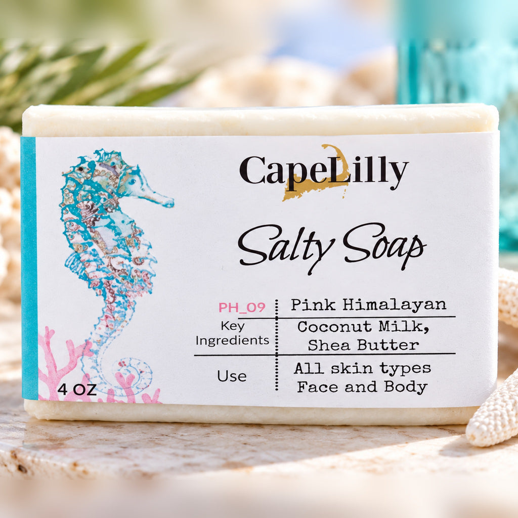 Cape Lilly Pink Himalayan sea salt soap bar styled with coral and starfish