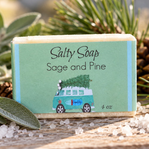 Cape Lilly Sage and Pine sea salt soap in holiday van wrapper, 4 oz, with sage leaves and pine