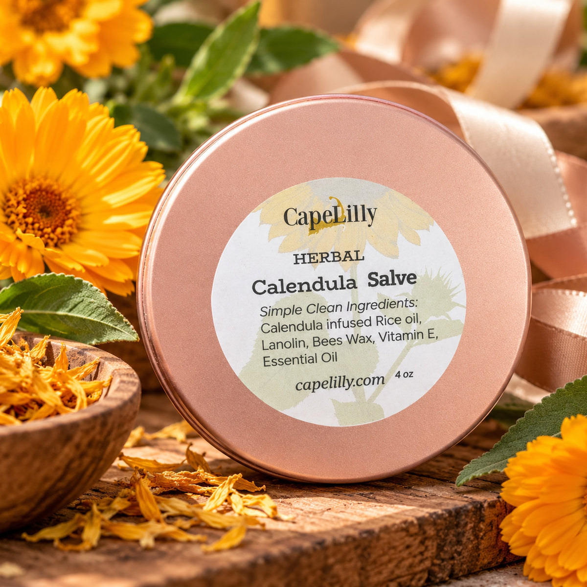 CapeLilly Herbal Calendula Salve rose gold tin with calendula flowers