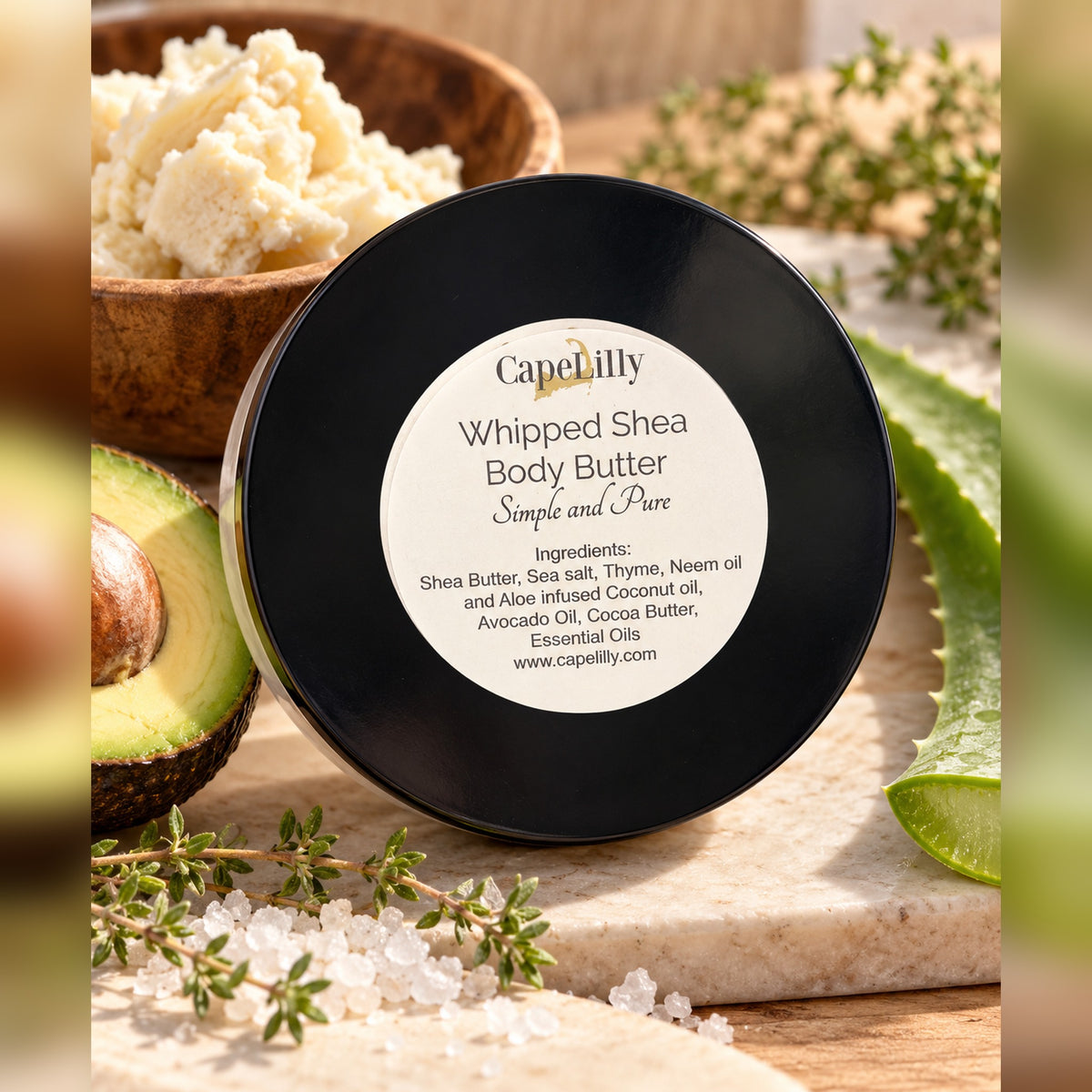 Cape Lilly Whipped Shea Body Butter, Simple and Pure, with shea, avocado, aloe and thyme